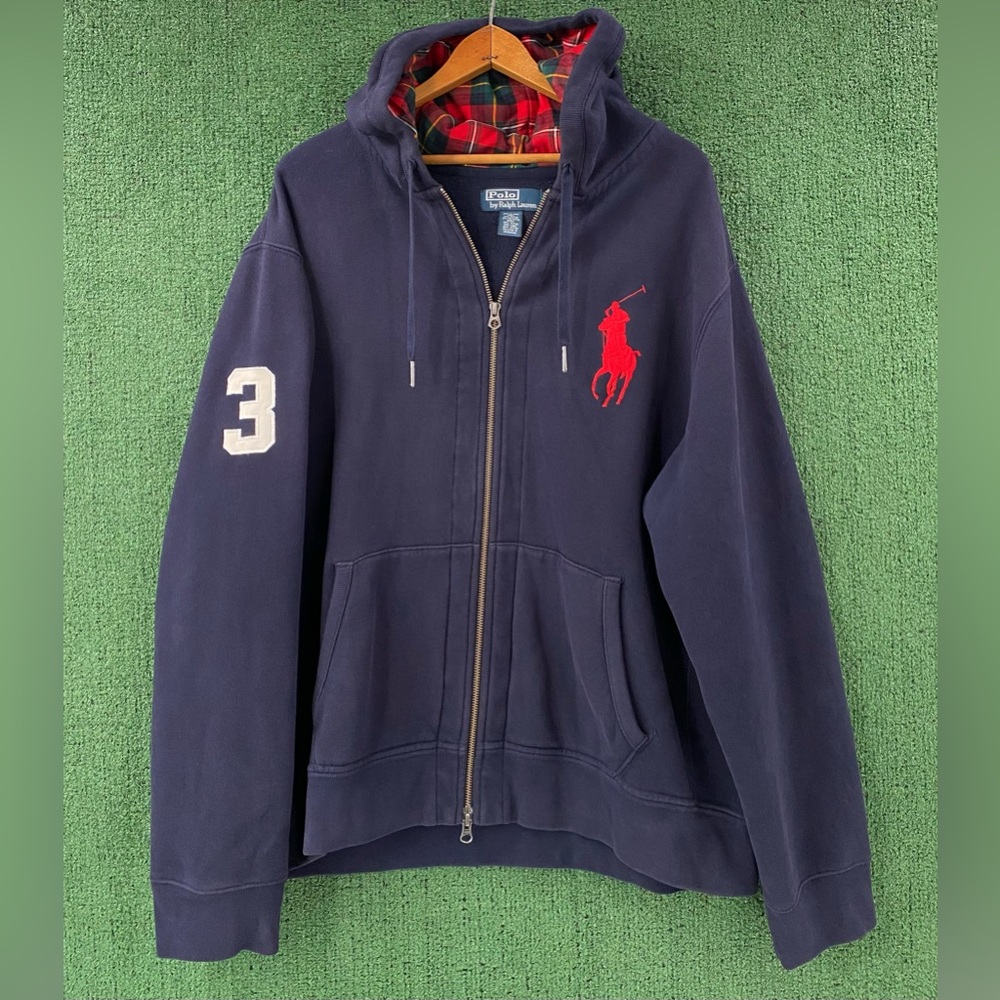 VTG Y2K Polo Ralph Lauren Big Pony Navy Plaid Lined Full Zip Hoodie Mens Sz 2XL